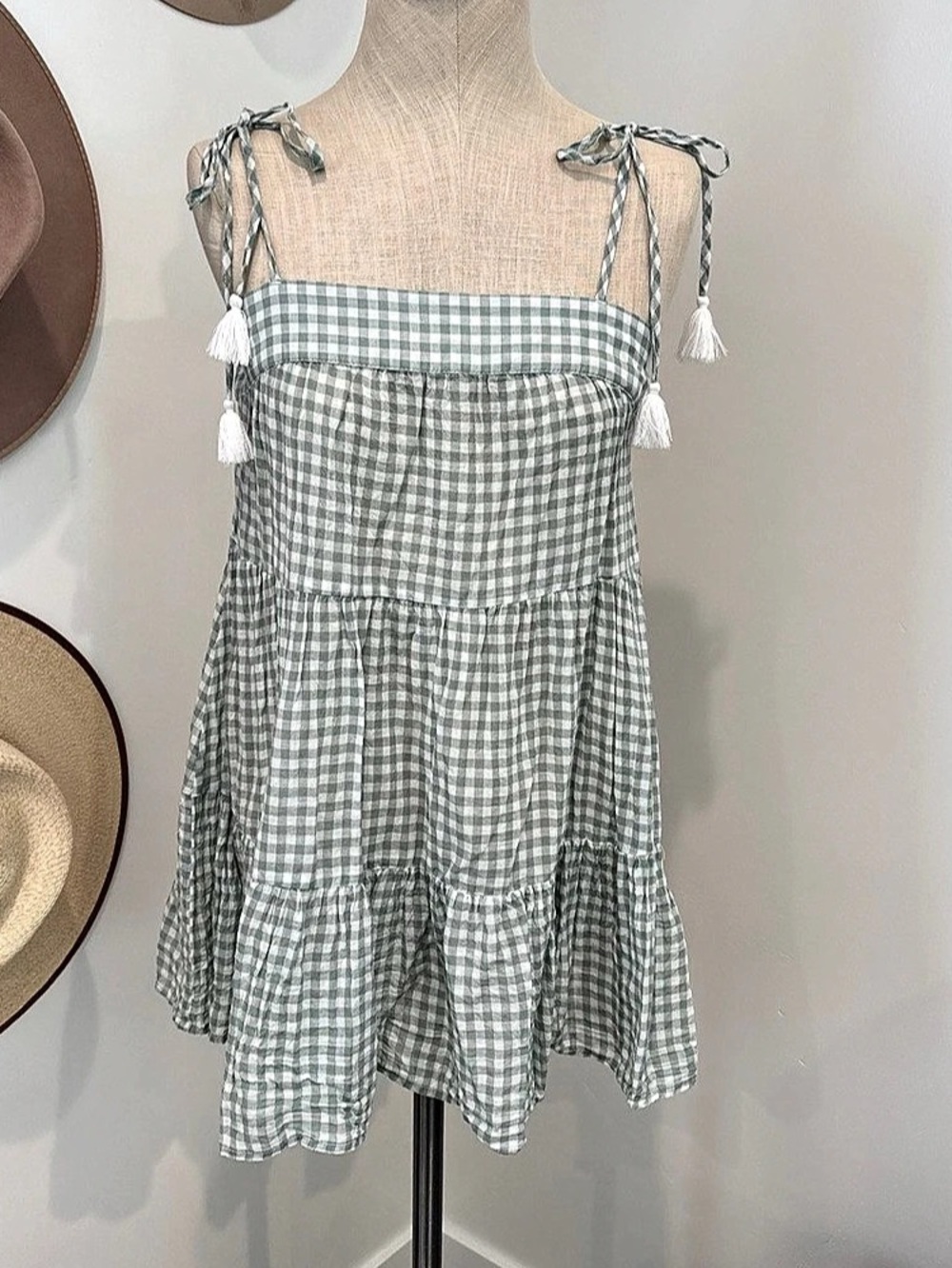 Abercrombie & Fitch Gingham Tiered Mini Dress in Green & White Like New
